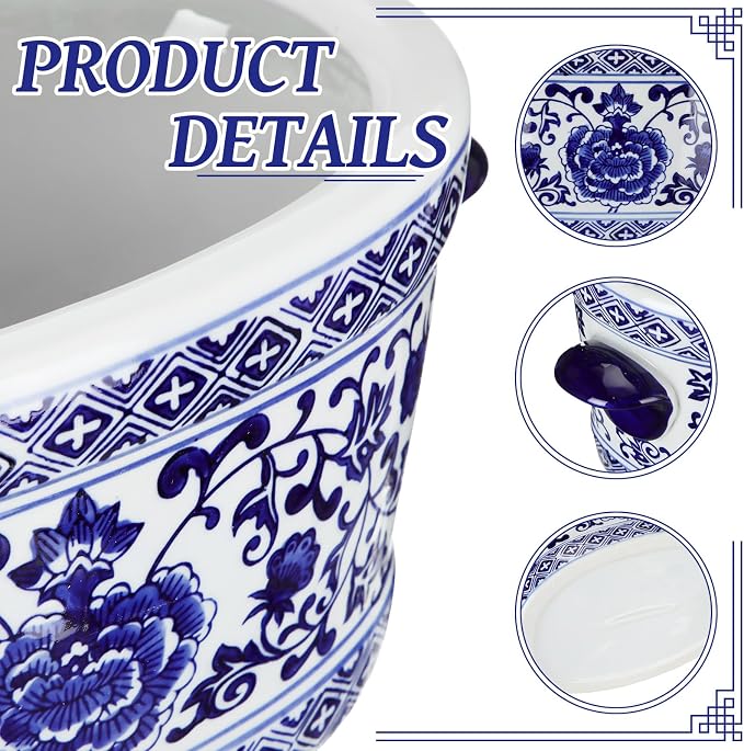 LemonRoad Blue and White Ceramic Planter Pot 14 x 7.7 x 6.1 inches Porcelain Vintage Floral Oval Cachepot Vase Chinoiserie Decor for Indoor Plants Flowers Succulents Home Living Room (Classic Style)