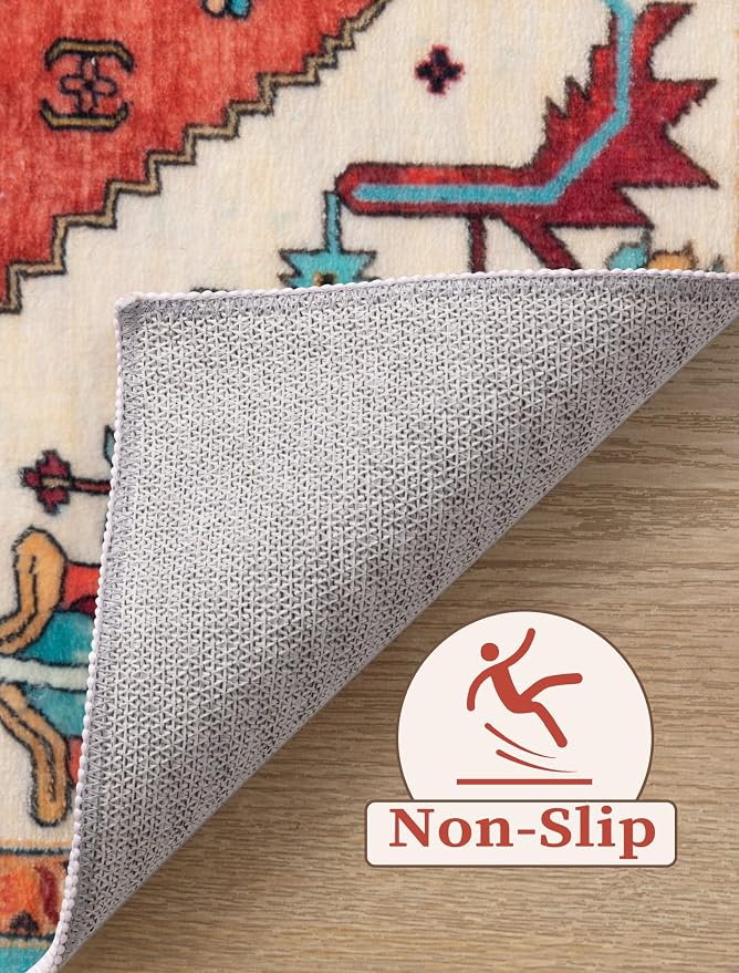 SERISSA 3x8 Washable Non Slip Boho Runner Rug for Hallway，Orange | Ultra Soft Vintage Oriental Carpet Low-Pile Tribal Floor Carpet for Stair Kitchen Bedroom Bathroom Laundry Room