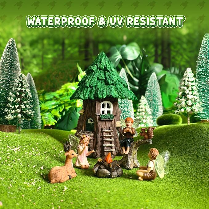 DONABELA Fairy Garden Tree House Miniature Decor Village Figurine Accessories Supplies Outdoor Indoor Tiny Resin Forest Set