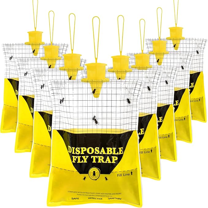 Outdoor Fly Traps for Patio, 8 Pack Pre-Baited Big Fly Bags Outdoor Disposable, Hanging Fly Catcher Hunter Stable Horse Ranch Control Repellent Killer for Barn, Farm