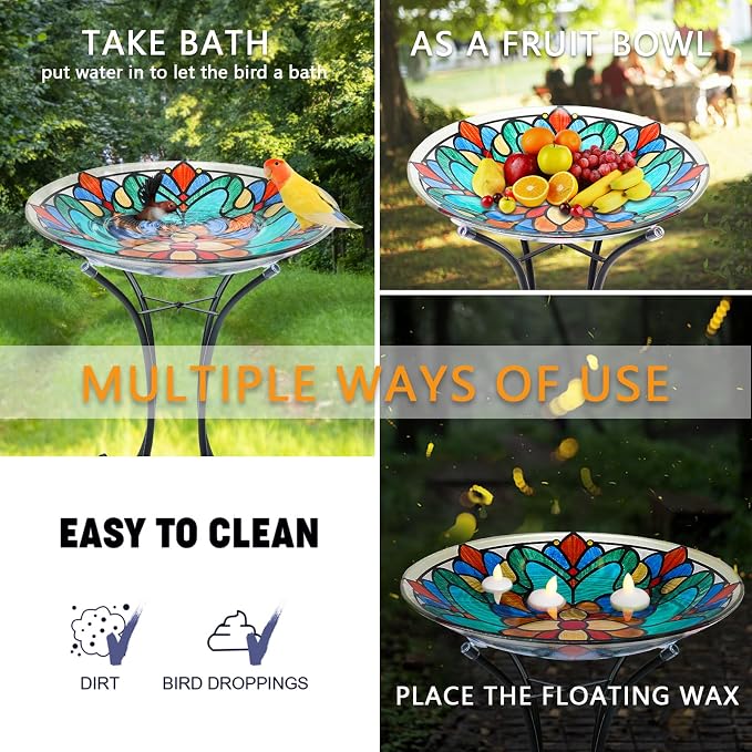 MUMTOP Bird Bath-Bird Baths for Outdoors - Glass Large Bird Bath Bowl with Metal Stand, Symmetrical Patterns Bird Feeders for Outside and Garden, Patio,Lawn Decor