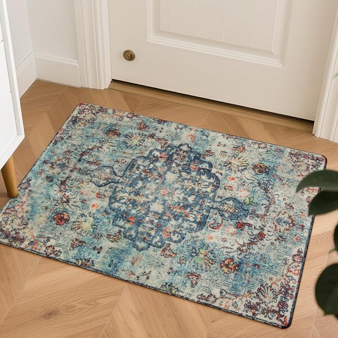 Lahome Reine Bohemian Floral Medallion Area Rug - 2x3 Vintage Teal Distressed Small Entryway Rug Turkish Doormat Faux Wool Non-Slip Washable Low-Pile Carpet for Bathroom Kitchen Laundry Room Decor
