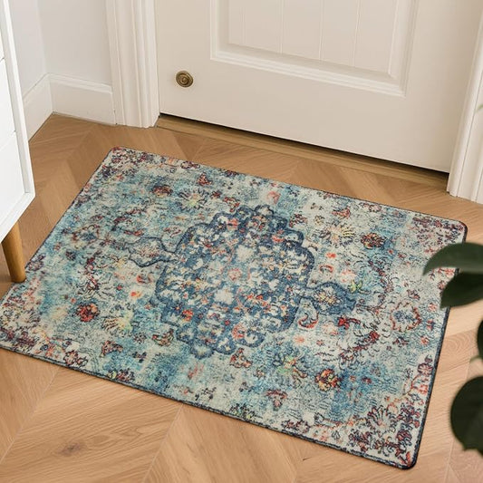 Lahome Reine Bohemian Floral Medallion Area Rug - 2x3 Vintage Teal Distressed Small Entryway Rug Turkish Doormat Faux Wool Non-Slip Washable Low-Pile Carpet for Bathroom Kitchen Laundry Room Decor