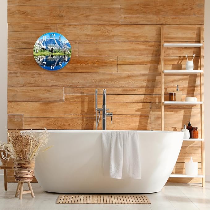 Britimes Round Wall Clock Silent Non-Ticking Battery Operated Outdoor Waterproof Glass Clock 12 Inch, Landscape Natural Scenery Home Decor for Living Room, Kitchen, Bathroom, Bedroom, and Office