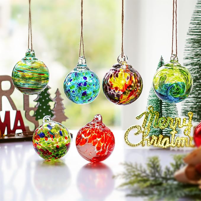 6pcs Hand-Blown Glass Ornaments Hanging Glass Gazing Balls and 4.3inch Handmade Blown Glass Art Cactus Figurine