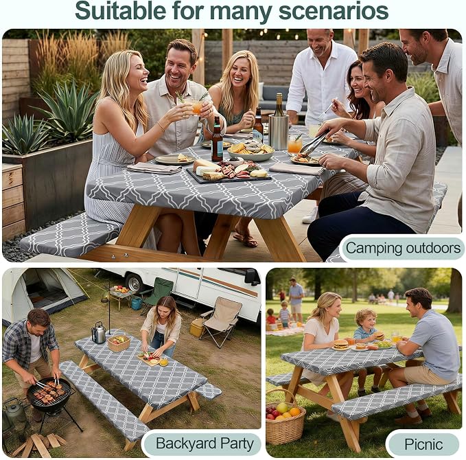 Play Tailor Picnic Table Cover with Bench Covers Camping Essentials Waterproof Windproof Camping Tablecloth with Drawstring Bag, Fitted Rectangle Tables and Seats, 72in, Grey