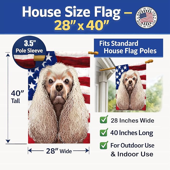 Caroline's Treasures CK6396CHF American Cocker Spaniel American Flag House Flag Large Porch Sleeve Pole Decorative Outside Yard Banner Artwork Wall Hanging, Polyester, House Size, Multicolor