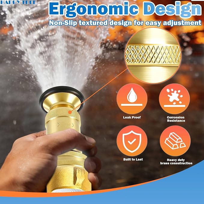 Happy Tree 1-1/2" NST/NH Fire Hose Nozzle 100 psi 85 gpm Brass Fire Equipment Heavy Duty Industrial Jet Fog Spray Nozzle Slim Neck
