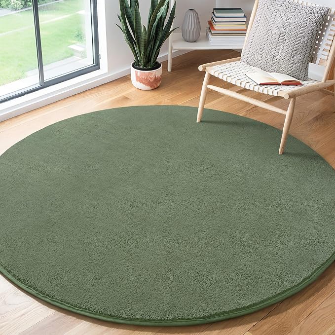 Amearea Sage Green Round Area Rugs 5ft Circle Rugs for Bedroom Living Room | Washable Fluffy Indoor Thickened Memory Foam Rug, Non Slip Minimalist Circular Carpet for Kids Boy Girl Dorm Nursery Room