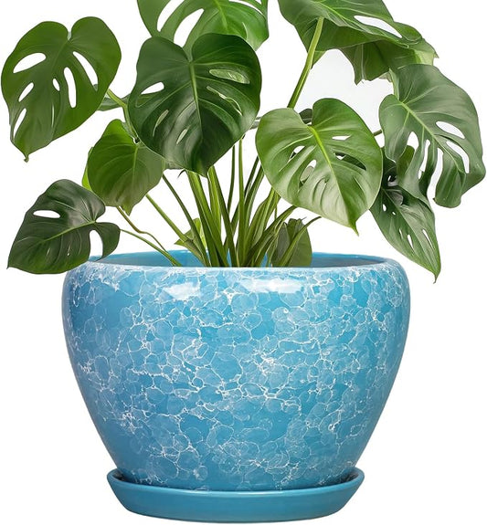 8 Inch Ceramic Planters, Bubble Blue | Drainage Hole and Saucer, Indoor Outdoor, Round Flower Pot, Decorative