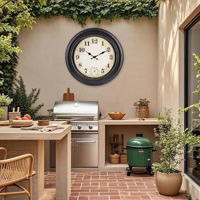 Large Outdoor Clocks Waterproof with Thermometer Combo Vintage Outdoor Wall Clock Decor for Patio Pool Garden(18 Inch)