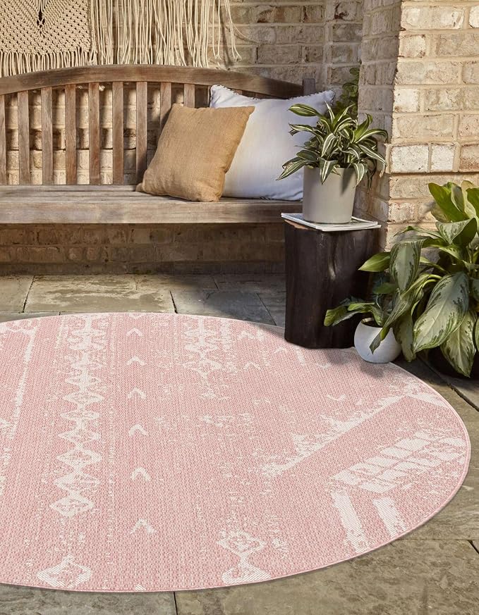Unique Loom Outdoor Bohemian Collection Area Rug - Anthro (13' Round Pink/Ivory)