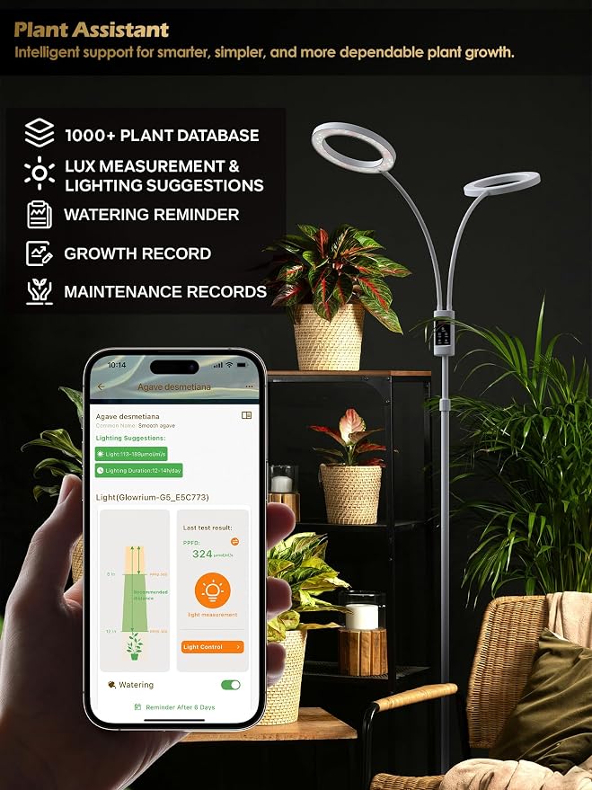 Smart Grow Lights for Indoor Plants, Plant Light with Auto-Timer, Full Spectrum LED Grow Light, Adjustable Height & Stepless Dimming,Plant Assistant Suitable for Most Plants (White, Dual Heads)