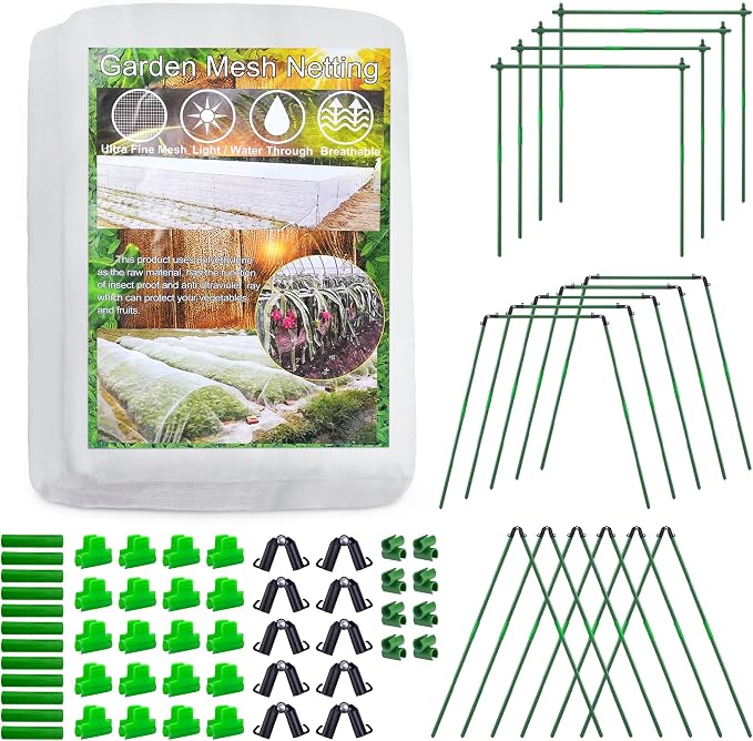 U0U Garden Mesh Netting Kit,7.8 x 24 Ft Ultra Fine Mesh Netting with Garden Hoops,Garden Netting Set for Raised Beds,Bird Netting Protection for Vegetable Plants Birds Animals Protection (White)