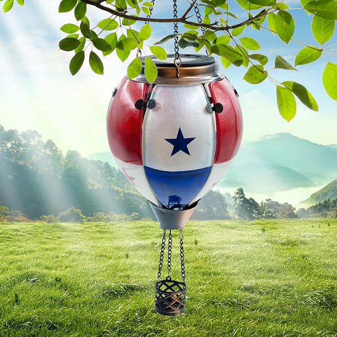 Glass Solar Hot Air Balloon Lantern with Flame Hanging Garden Flickering Light Outdoor Waterproof for Yard Patio Tree 4th of July Decorations, Flag-B