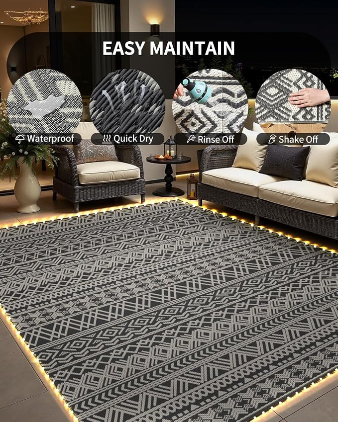 MontVoo-Outdoor Rug Carpet 8x10 ft for Patio RV Camping with Led Strip Lights Waterproof Plastic Straw Rug Reversible Portable Outside Indoor Outdoor Rug Mat for Patio Decor Balcony Picnic-Boho Rug