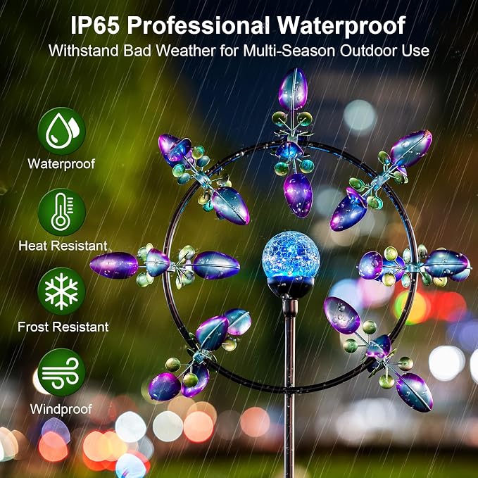 Large Peacock Solar Wind Spinner Outdoor - Metal Kinetic Sculptures with Color-Changing Glass Ball, Dual Direction Spinning Garden Art Decor, Waterproof Lighted Windmills for Patio, Yard, Lawn