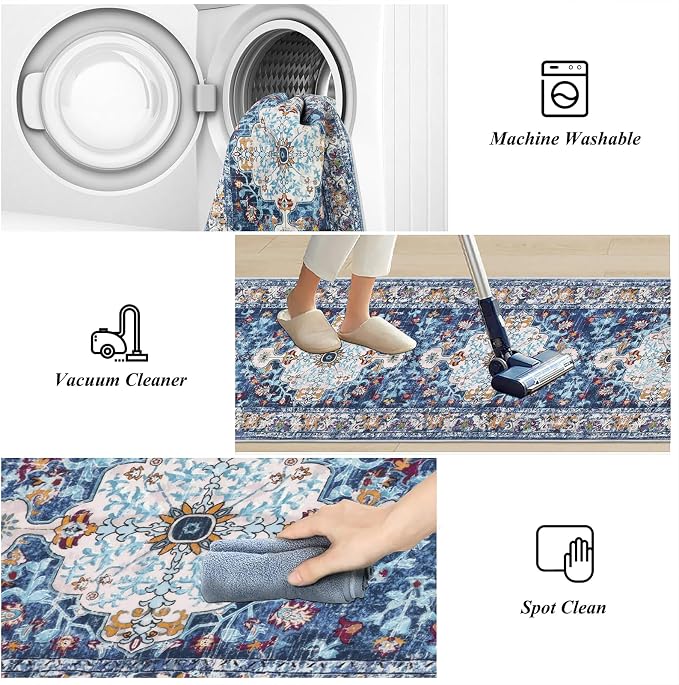 U'Artlines 2'x14' Boho Hallway Runner Rug Non Slip Washable Runners,Blue | Vintage Farmhouse Kitchen Rug Accent Area Carpet for Entryway Laundry and Living Room