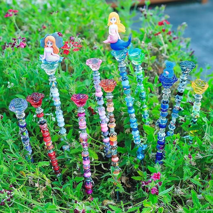 AIPRIDY DIY Crystal Beaded Fairy Wand Garden Stakes Kit, Colorful Decorative Wands with Assembly Guide, 12 or 10 Inch Threaded Rods,Outdoor Garden Decoration Set (238, Rainbow+Rose Flower Top)