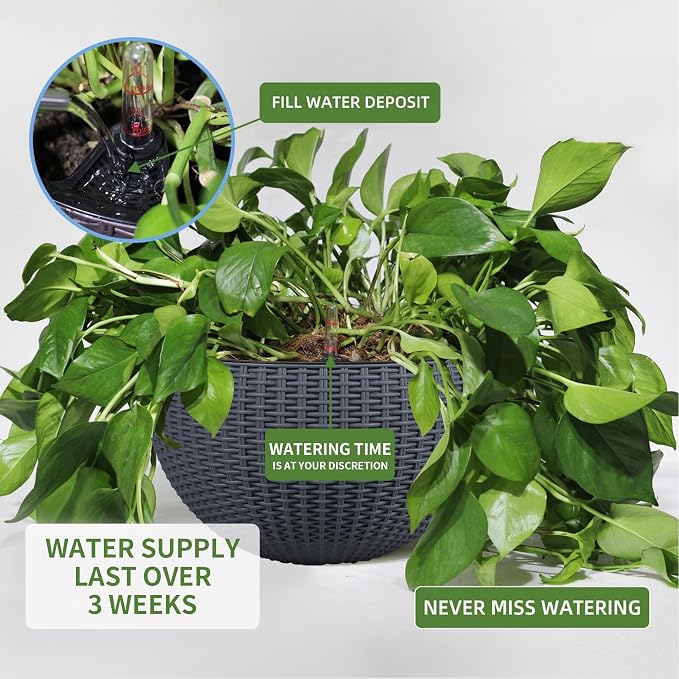 Dexceder 9 Inch Self Watering Hanging Planter (Gray) | Thickened Hanging Basket Flower Plant Pot with Water Level Indicator Indoor Outdoor