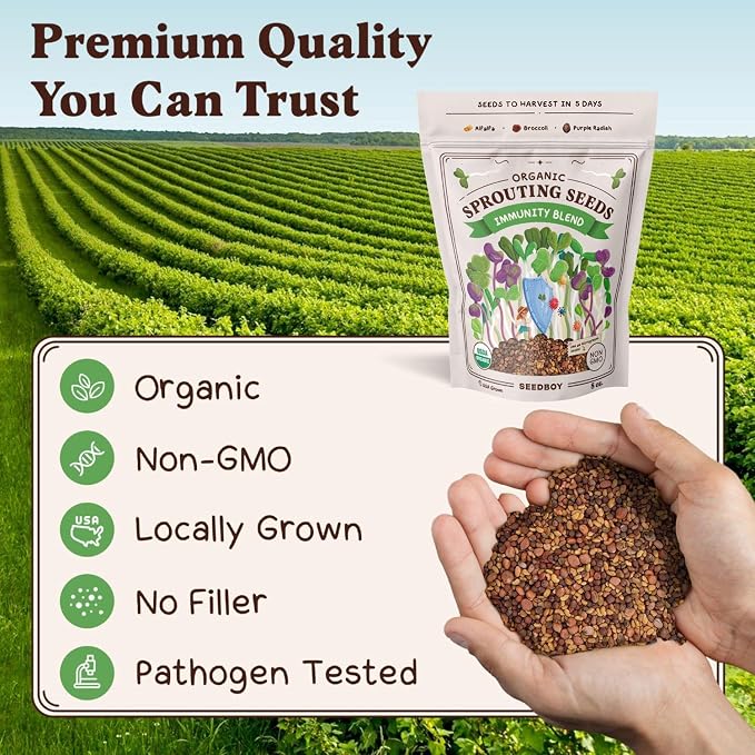 Seedboy Organic Non-GMO Sprouting Seeds, Immune System Booster - USA Grown Microgreens Mix with Broccoli, Purple Radish, Alfalfa - 8 oz Bag Makes 8 Quarts / 32 Servings (Immune System Booster Blend)