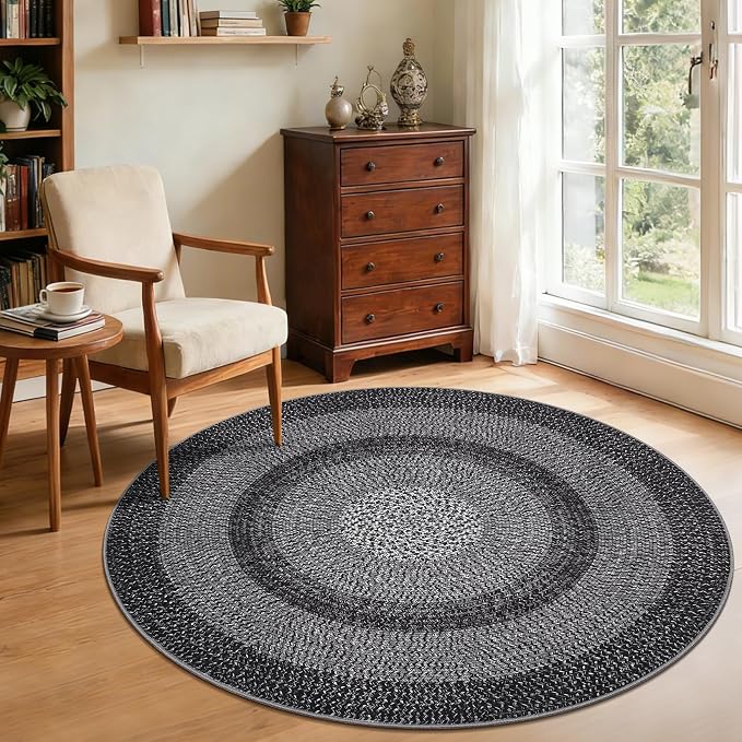 RUGSREAL Modern Bordered Round Area Rug 4ft Washable Bedroom Circle Rugs | Non Slip Stain Resistant Dining Room Round Throw Carpet Contemporary Circle Mats for Living Room Kitchen Nursery, Black