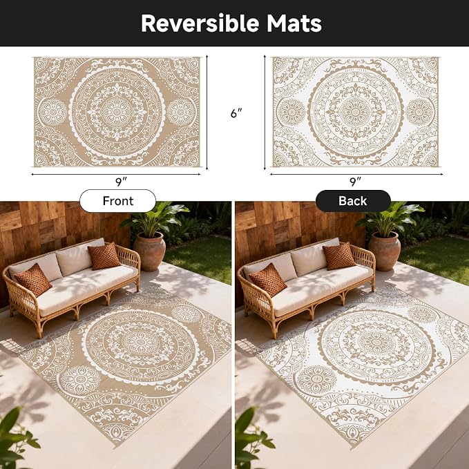 Pauwer Waterproof Outdoor Rug 6x9, Reversible Plastic Straw Patio Camping Rug, Indoor Outdoor RV Mat Carpet for Deck, Camper, Porch, Balcony, Backyard, Picnic, Paisley Brown