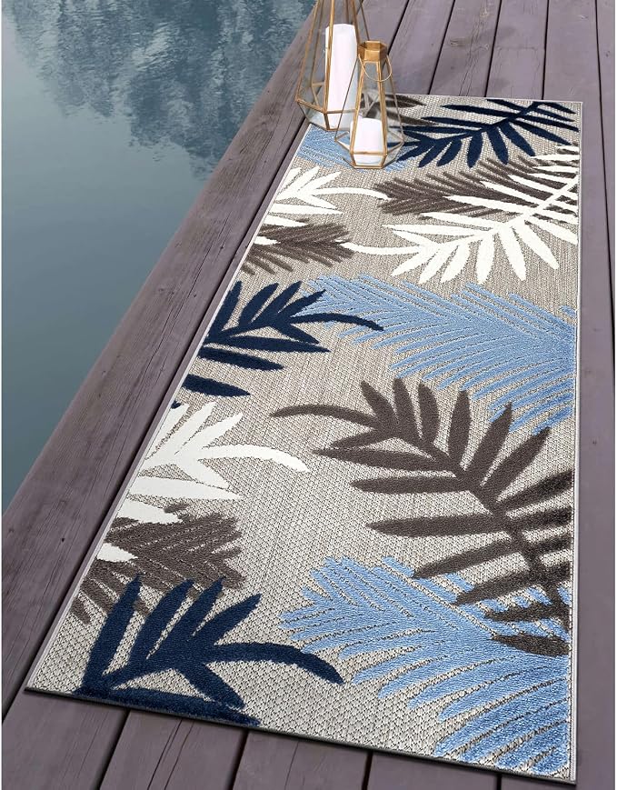 Rugshop Blue Palm Frond Indoor/Outdoor Runner Rug Easy Cleaning for Hallway, Kitchen and Entryway, 2'7" x 8'
