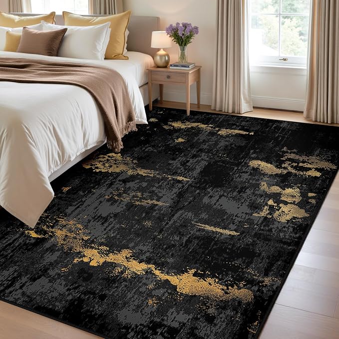 RELEANY Washable 3'x5' Abstract Area Rug for Living Room Black Gold | Carpet for Bedroom, Kitchen, Office, Hallway and Entryway, Printed Pattern, Non‑Slip, Soft, Stain‑Resistant, Easy to Clean
