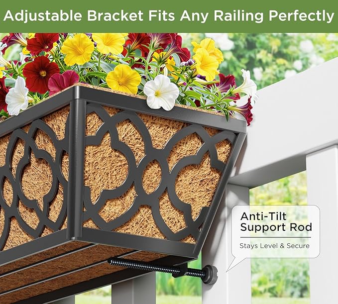 4 Pack 30 Inch Railing Planter Box with Coco Liner, Adjustable Metal Window Box Planter for Balcony Deck Fence, Hanging Flower Basket for Outdoor Garden, Black