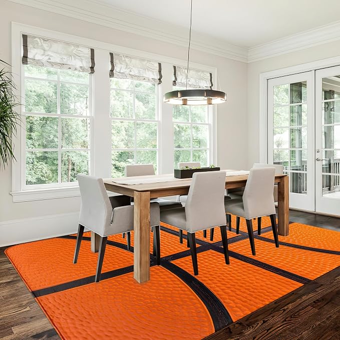 Cool Basketball Washable Area Rugs 5x7,Sports Ball Themed Area Rug for Living Room Bedroom,Indoor Non-Slip Large Throw Carpet for Kitchen Entryway Bathroom Office