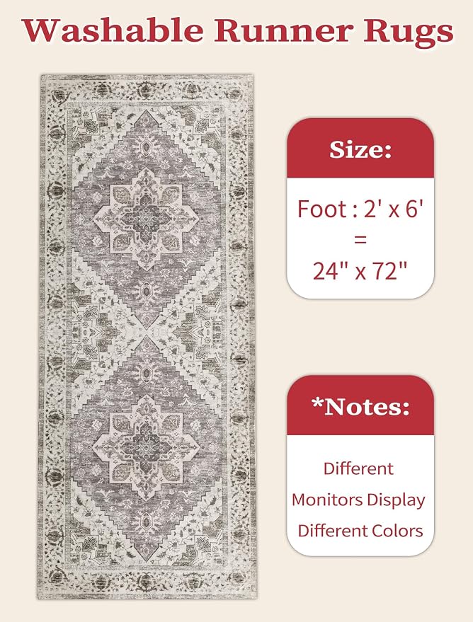 SERISSA 2x6 Washable Non Slip Boho Runner Rug for Hallway，Earth Tone | Ultra Soft Vintage Oriental Carpet Low-Pile Distressed Tribal Floor Carpet for Kitchen Bedroom Bathroom Laundry Living Room