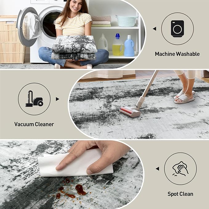 8x10 Area Rugs for Living Room: Washable Abstract Black White Grey Carpet | Non-slip TPE backing makes this washable soft low-pile rug safe & durable, Pet-friendly decor for dining room,nursery,office