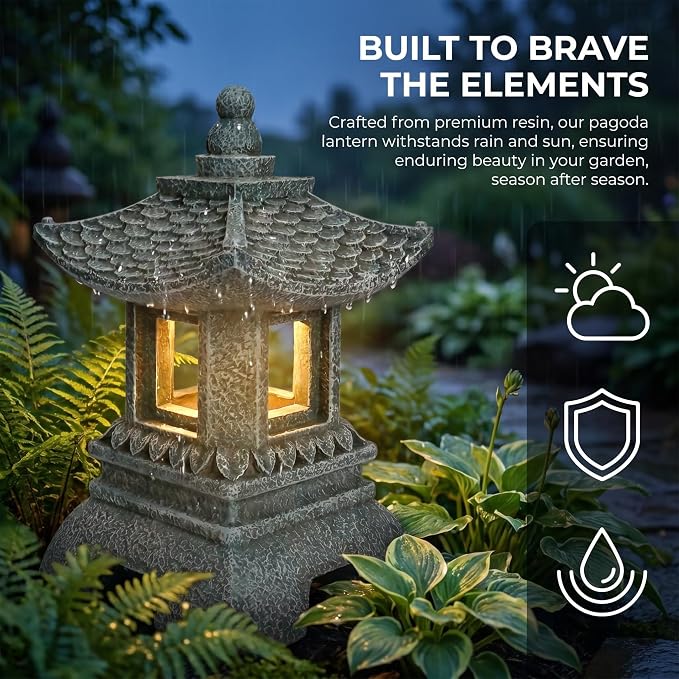Solar Pagoda Decors Garden Statues, Zen Asian Outdoor Statues Accessories Japanese Pagoda Lamp Lantern for Garden Balcony Patio Porch Yard Art Ornament Decoration, 12 Inches