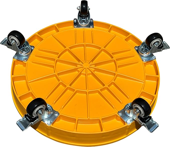 ELAFROS 30 Gallon and 55 Gallon Heavy Duty Plastic Drum Dolly – Durable Plastic Drum Cart 900 lb. Capacity- Barrel Dolly with 5 Swivel Casters Wheel, Yellow, with Brake