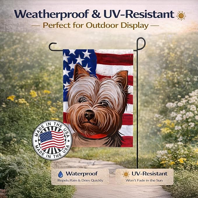 Caroline's Treasures CK6760GF Yorkshire Terrier American Flag Garden Flag Mailbox Flag Decorative Yard Flag Banner Outside Patio Artwork Yard Flower Beds, Garden Size, Multicolor