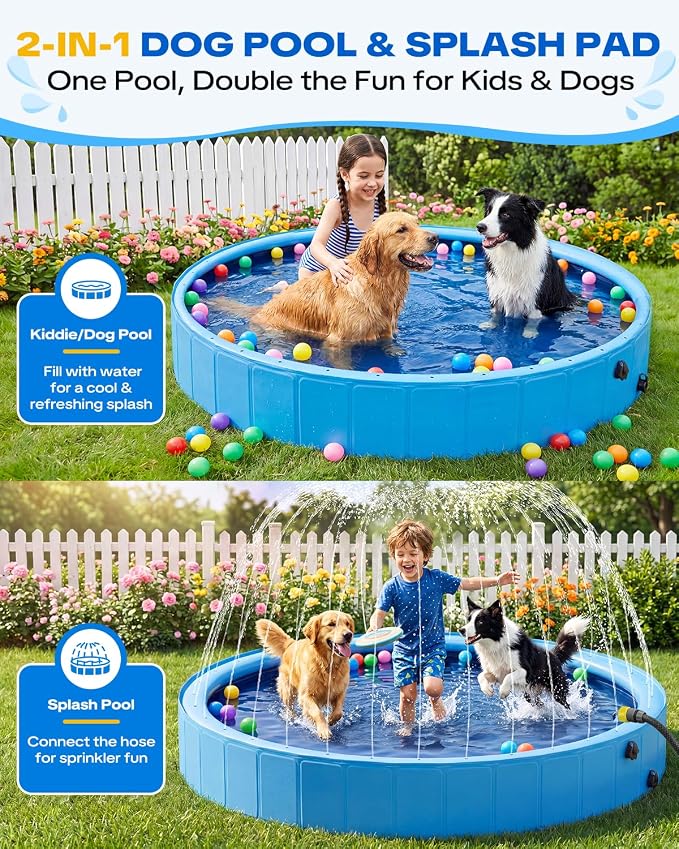 Raxurt 63" Kiddie Pool with Sprinkler, Foldable Dog Pool for Large Dogs, Non-Slip Splash Pool for Kids, Portable Pet Bathing Tub for Backyard Summer Water Play