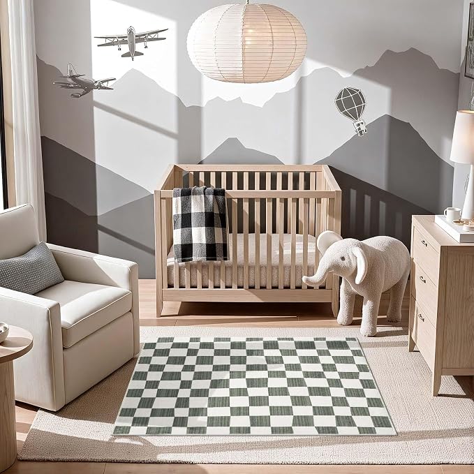 jinchan 3x5 Area Rug Washable Modern Checkered Rug for Kids Room, Grey | Geometric Lattice, Soft, Non-Slip, Floor Carpet, Kitchen, Nursery, Bedroom, Living Room, Entryway, Bathroom, Nursery Playroom