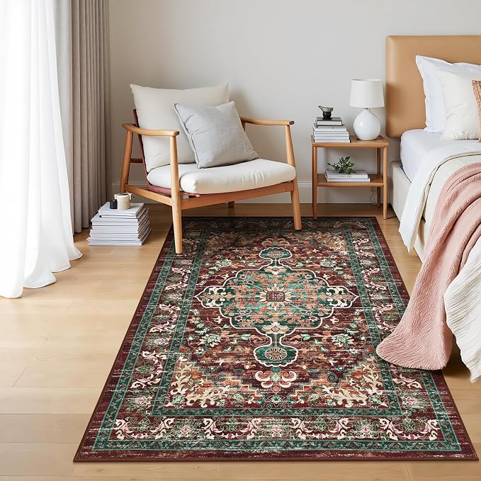 U'Artlines Boho Vintage Area Rug 3x5 Machine Washable Carpet, Rust＆Teal | Low Pile, Non Slip, Ultra-Thin Soft Floor Carpet, Accent Rug for Living Room Bedroom Entryway Dining Room Office