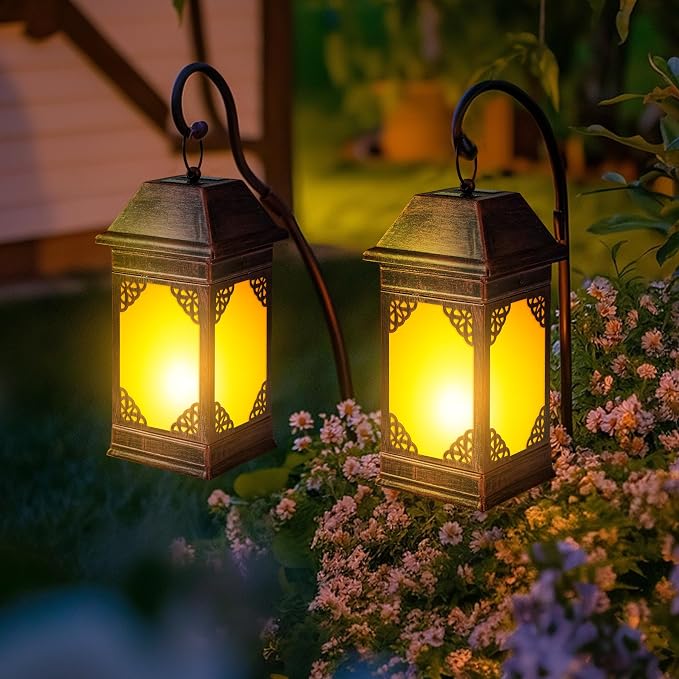 15.5" Solar Lanterns Outdoor Waterproof, Glass Flickering Flame Solar Lantern, Hanging Metal Lantern Decorative for Patio Front Porch Garden Backyard Tabletop Party Decoration