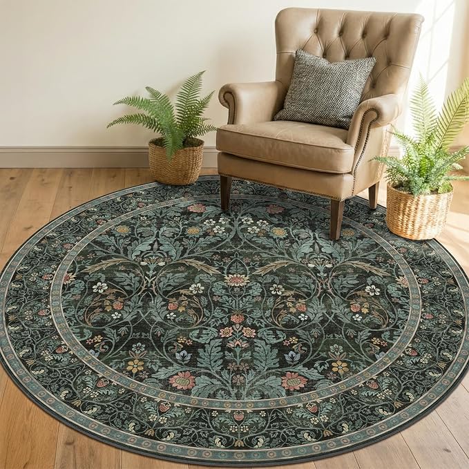 Dark Green 6ft Round Rugs for Dining Room, Living Room, Kitchen, Botanical Floral Washable Circle Area Rug for Bedroom, Traditional Oriental Moody Home Decor Circular Carpet