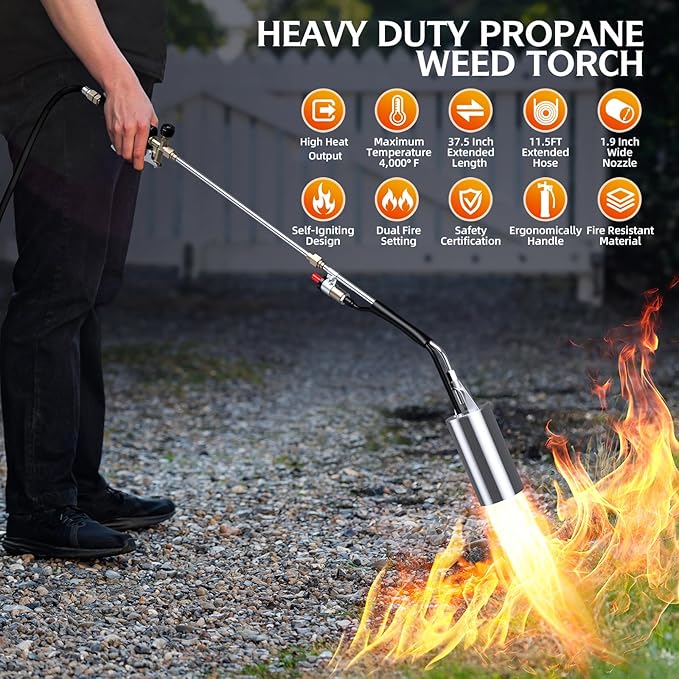 Propane Weed Torch Burner with 11.5FT Hose, Self-Igniting Heavy Duty Flame Weeder with Turbo Trigger, Adjustable Outdoor Torch for Driveway, Garden, Yard, Ice and Snow (Black)