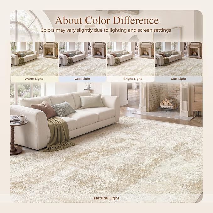 UERMEI 10x12 Area Rug for Living Room Washable Abstract Beige Carpet | Low Pile Non-Slip Soft Neutral Modern Kid Pet Friendly Large Rugs For Bedroom Dining Room Nursery Office Indoor Decor