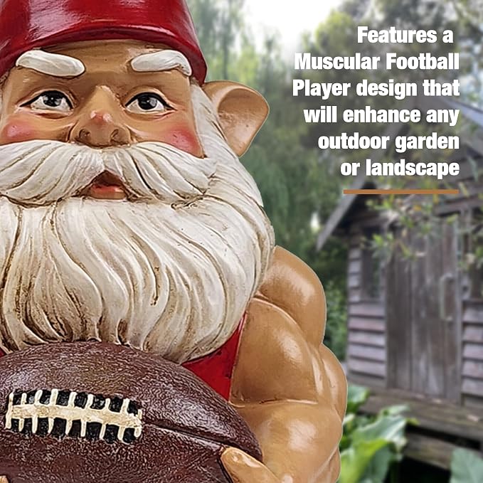 Better Office Products Garden Gnome Statue, 12" Height, Handcrafted Waterproof, UV-Resistant Polyresin Lawn Patio Porch Ornament Decoration (Muscled Football Player with Glowing Solar Light)