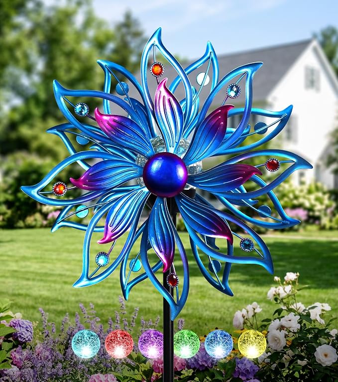 Solar Wind Spinner Outdoor Mandala Kinetic LED Garden Yard Art Decor | Hand-Crafted Art, 3D mandala wind spinner, Whisper-quiet dual bearings, Stable 5-prong stake, Blue Purple Fade