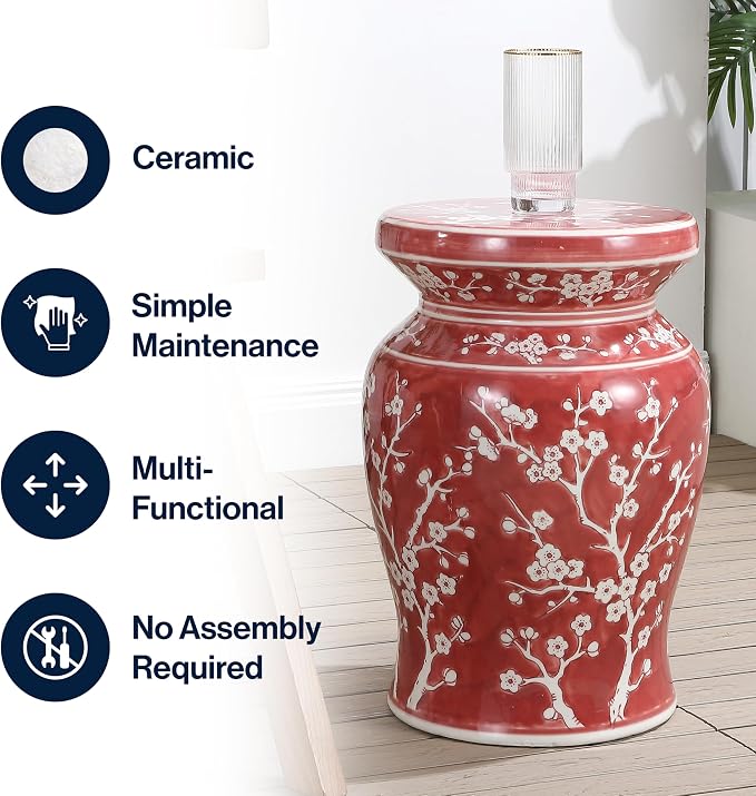JONATHAN Y Cherry Blossom Ceramic Garden Stool 17.75" Chinoiserie Floral Drum Side Table for Patio and Living Room, Indoor Outdoor Plant Stand, Traditional, Red/White TBL1017B