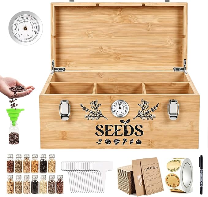 Seed Storage Organizer Box with Built-in Hygrometer, Natural Bamboo Seed Saving Box with Seal Design Lid, Safety Lock & Solid Handles, Extra Seed Envelopes and Labels – Great Gift for Gardeners (Wood)