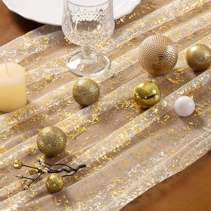 Socomi Gold Table Runner Gauze Tulle Sheer Glitter Metallic Foil Chiffon Cheesecloth Sequin 10FT Wedding Birthday Party Dining Anniversary Holiday Centerpiece Table Decor Beige