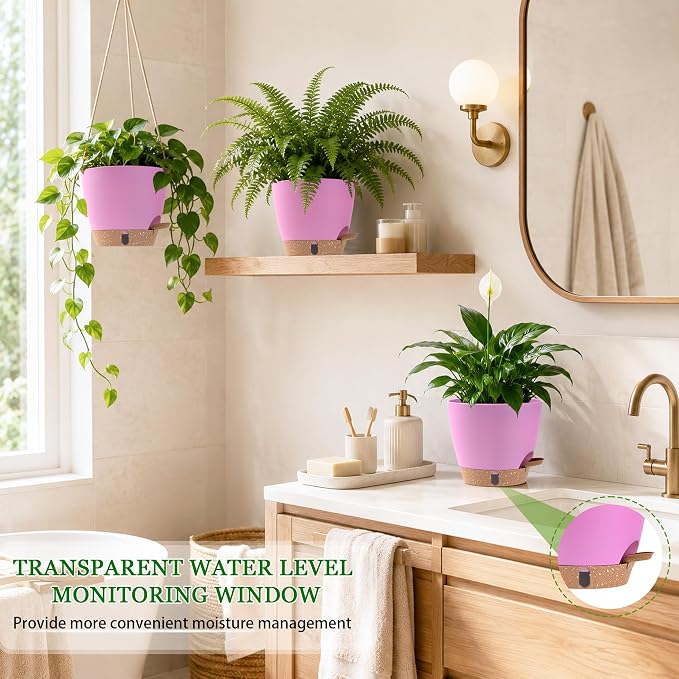 Self Watering Pots for Inoor Ourdoor Plants 8/7/6.5/6/5 Inch Plastic Planters with Drainage Holes & Water Level Indicator, Decorative House Flower Nursery Planting Pots with Saucers (Dusty Rose/Pink)