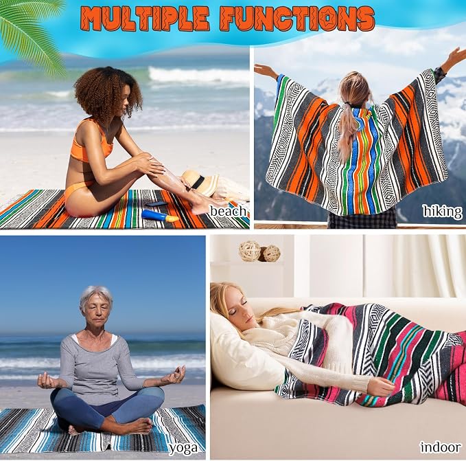 Oudain 3 Pack Mexican Blankets 45 x 70 Inch Woven Serape Throw Blanket, Baja Yoga Blanket for Beach Picnic Camping Boho Couch Decor Travel Outdoor (Exquisite Color)